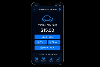 Ticketech iOS POS session mock: open ticket, tip, close, print receipt